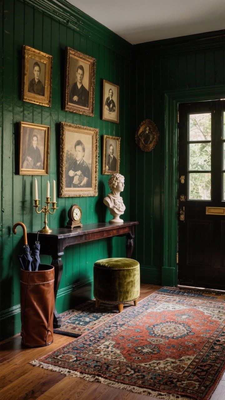 Angled medium view of a heritage eclectic entry: moody paneled walls in forest green, salon-style wall of vintage art and family portraits; dark wood console displaying brass candlesticks, a ceramic bust, and a vintage clock; layered Turkish rug on the floor, leather umbrella stand by the door, velvet stool tucked under; warm, storied ambiance.