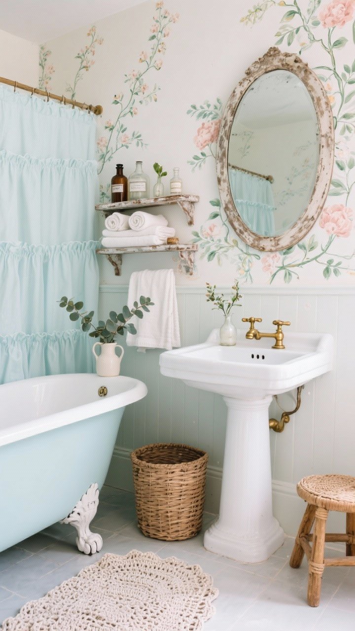 Closeup bathroom vignette with soft, fresh light: clawfoot tub painted pale duck-egg beside a ruffled shower curtain; salvaged wall shelf holding apothecary bottles, rolled linen towels, tiny bud vases; pedestal sink with porcelain-and-brass handles and an antique foxed-edge mirror above; floral wallpaper accent or hand-painted vines trailing around the mirror; wicker hamper and petite stool adding texture; crocheted bath mat by the tub; sprig of eucalyptus in a pitcher; palette duck-egg, crisp white, soft blush, brushed brass; photorealistic, airy and floral, no people.
