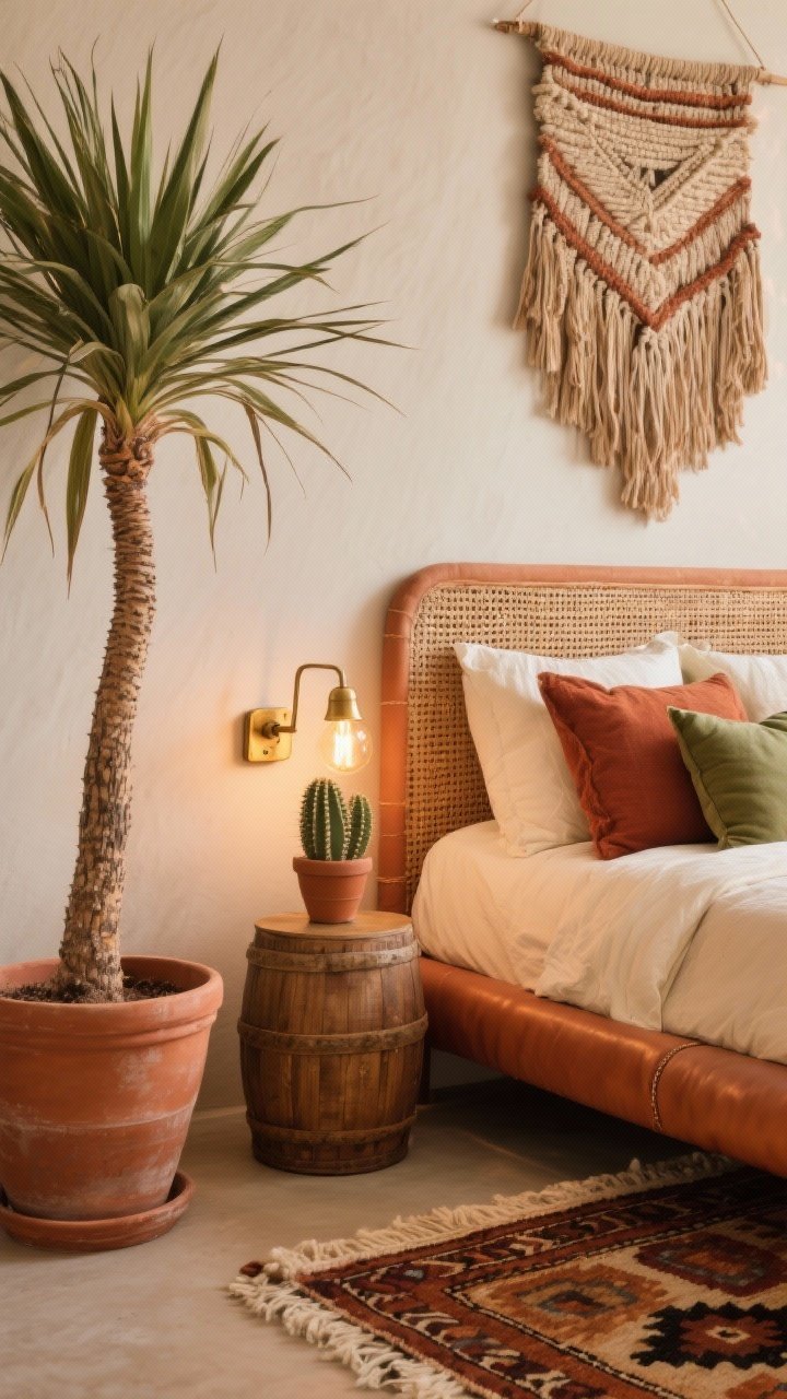 Closeup detail, bedside vignette: Earthy Southwestern bedroom palette with clay and terracotta tones; woven headboard behind cream bedding layered with rust and sage pillows; a sculptural Ponytail Palm beside the bed in a terracotta pot, Barrel Cacti on the nightstand next to brass sconce with warm Edison bulb; glimpse of wool kilim rug and leather bench edge; textile wall hanging above the bed adding tactile texture; warm, grounding, heat-friendly lighting, photorealistic.