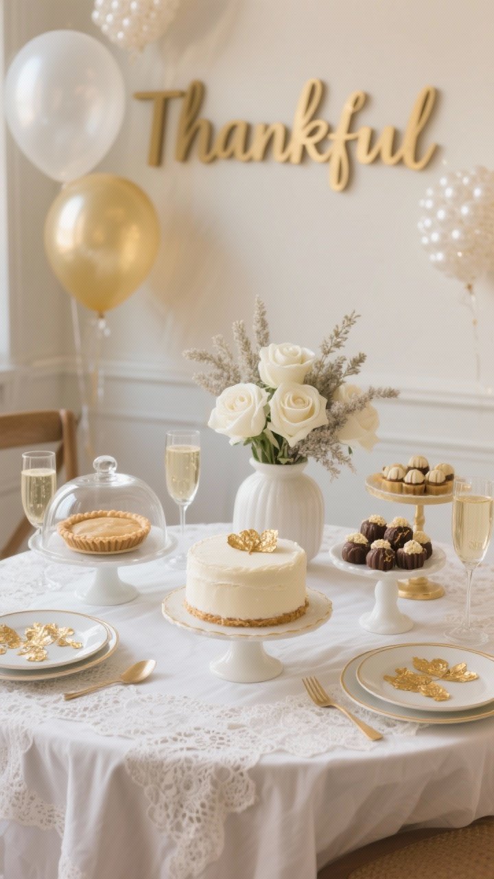 Closeup/detail dessert parlor vignette in elegant neutrals: round table with an ivory tablecloth and lace overlay, pies under glass cloches, cream cake stands at varied heights, truffles accented with edible gold leaf; vase of white roses and dusty miller, gold-rimmed plates, slim champagne flutes; soft-focus background with pearl-finish balloons and gold-script “Thankful” signage; soft white, taupe, and soft gold tones with gentle, refined lighting.