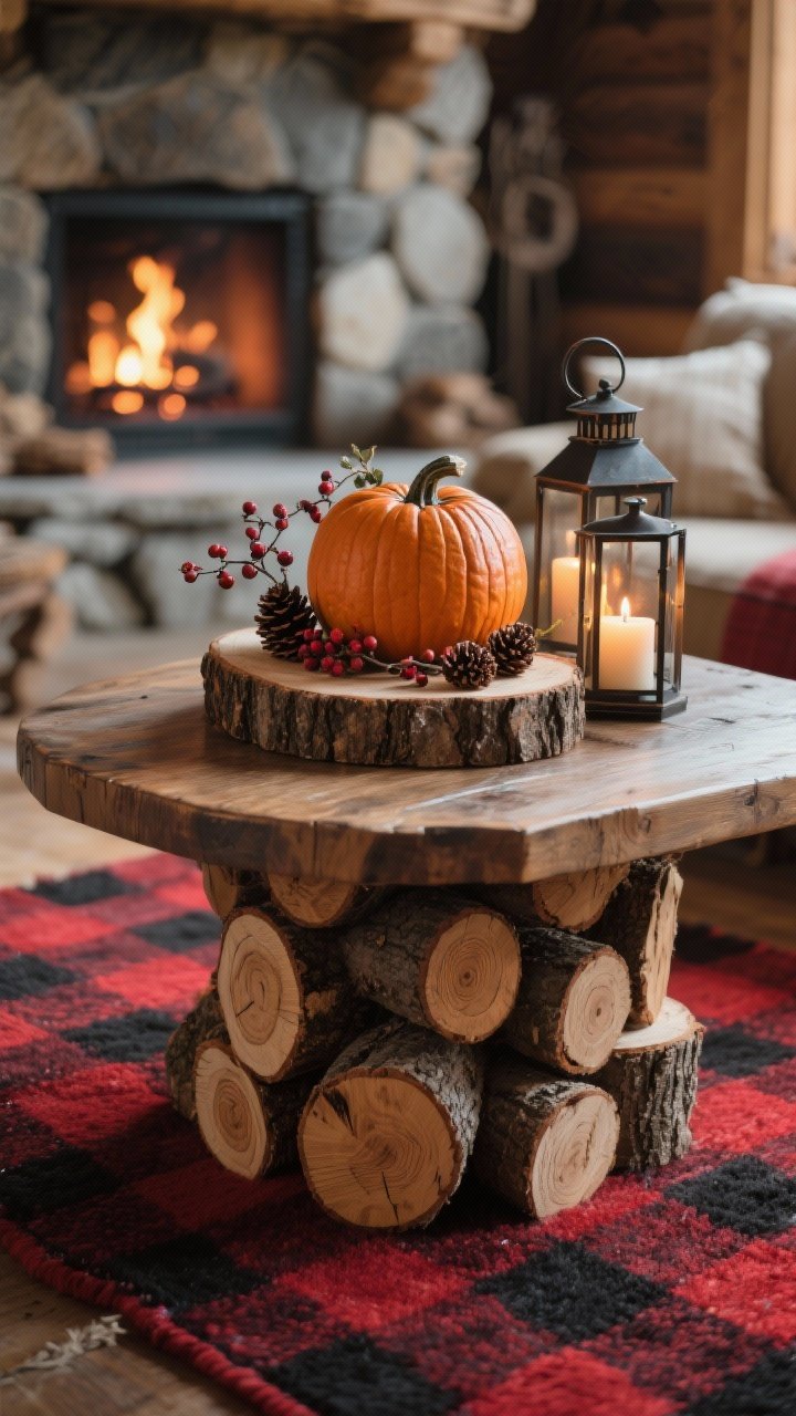 Closeup detail from coffee table: Rustic cabin great room textures—stacked log slices forming a pedestal centerpiece on a thick farmhouse coffee table over a red-and-black plaid wool rug. Carved wooden pumpkins on top, with berry branches, pinecones, and iron lanterns containing flickering candles echoing a stone fireplace glow in soft background blur. Warm cedar, oxblood, charcoal, cream tones. Firelit, campfire-cozy mood, photorealistic, no people.