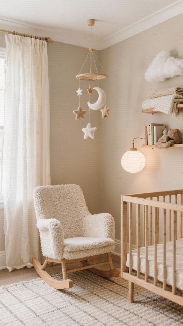 Closeup detail: Hushed oat nursery palette with hushed oat walls and cloud-white trim, cream muslin curtains softly diffusing light; maple wood crib with simple lines; boucle rocking chair armrest texture; wool felt mobile of stars and moons hanging overhead; flat-weave micro-gingham rug underfoot; rattan shelves with cloth books and knit blankets; soft paper globe light dimmed for a gentle glow.