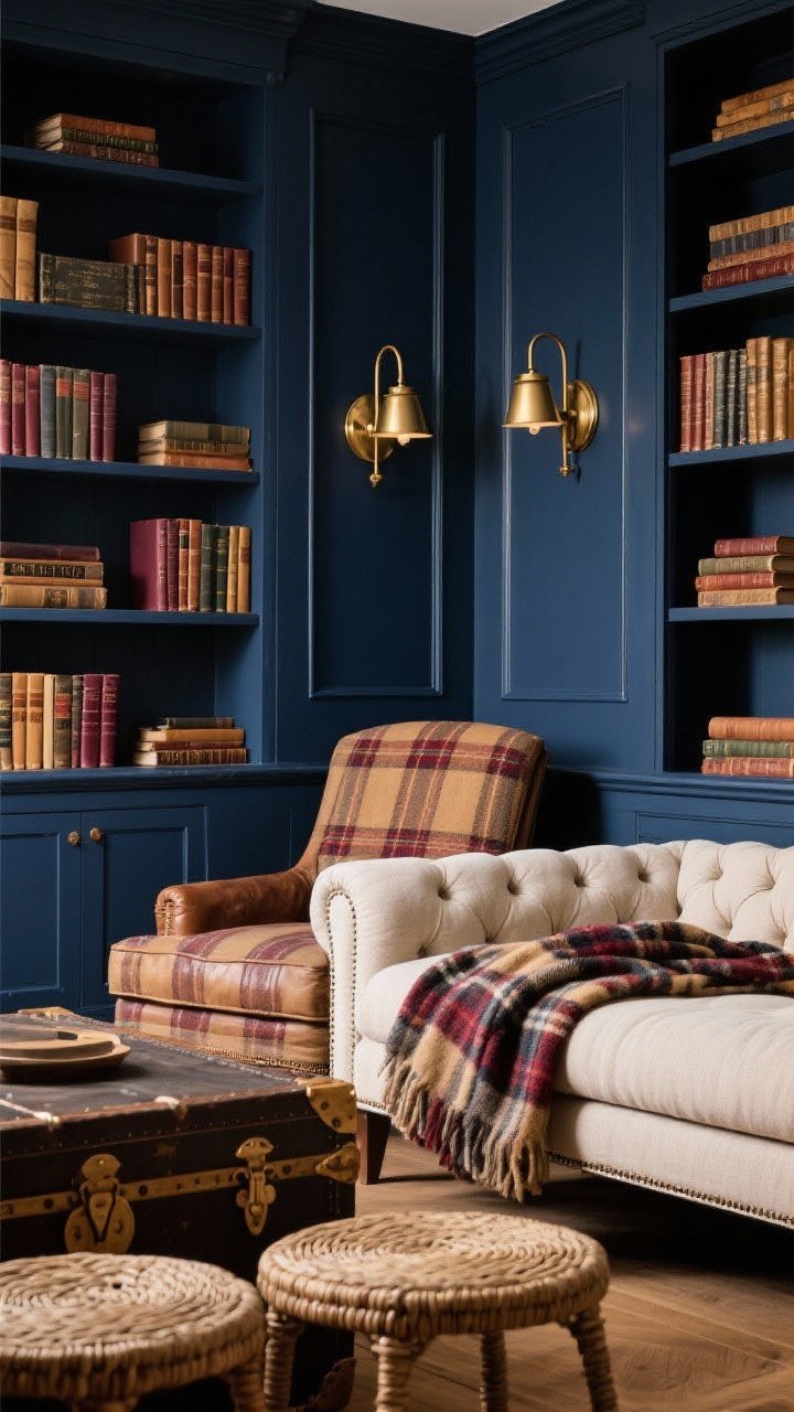 Closeup detail, library shelf and seating edge: Navy built-ins with pendant sconces mounted over shelves, illuminating leather-bound books and brass frames. Foreground shows the arm of a tufted linen sofa and the corner of a plaid armchair with a tartan wool throw draped over it. A vintage-style trunk coffee table edge and woven footstools peek into frame. Palette of navy, camel, burgundy, and brass; textures of linen, wool, leather, and aged brass. Warm, academic ambiance, photorealistic.