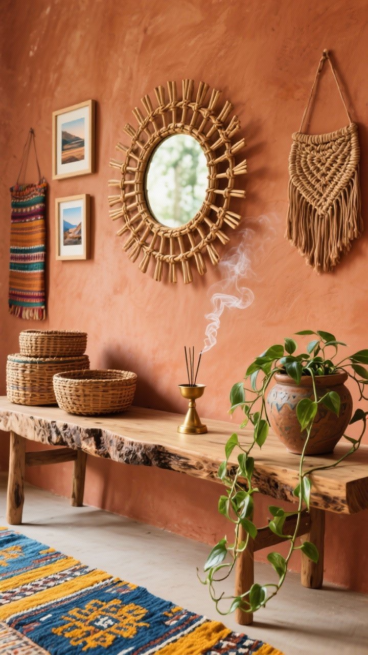 Closeup, layered boho vignette: a rattan sunburst mirror above a live-edge console on warm clay walls. Around the mirror, small framed textiles, travel photos, and a woven wall charm. On the console: stacked baskets, a brass incense holder with a delicate curl of smoke, and a trailing pothos in a handmade ceramic pot. A vibrant Kilim runner peeks at the bottom edge. Colors: terracotta, rattan, indigo, marigold. Warm, diffuse light.