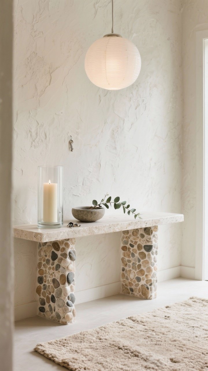 Closeup serene spa-like entry vignette: soft pebble-toned limewash wall texture, console topped with honed limestone or travertine; tall glass hurricane with a pillar candle, shallow stone bowl for keys, eucalyptus stems arranged minimally; low-pile wool rug in oatmeal visible below; frosted globe pendant casting a soothing, diffused glow; quiet luxury atmosphere.