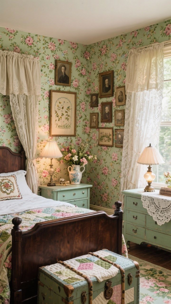 Corner angle, Heirloom Garden Room with maximalist charm: tiny floral wallpaper in faded rose and moss green enveloping the room; dark walnut bed with a needlepoint cushion; painted trunk at the foot of the bed for quilts; dresser topped with a lace runner; framed sampler, preserved bouquet in a ceramic pitcher, and layered framed portraits on the wall; lace curtains layered over blackout linen panels; oil-lamp-style bedside lamps with milk-glass shades casting a soft warm glow. Photorealistic, nostalgic, curated and slightly cluttered.