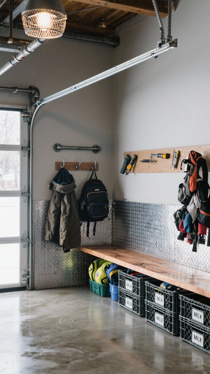 Corner angle, industrial garage mud bay (outdoor/hybrid): lower walls clad in diamond-plate aluminum panels; sealed epoxy floor with subtle gloss; pipe-style hooks holding heavy coats and backpacks; stained butcher-block bench above neatly stacked, labeled milk crates for sports gear; a wall-mounted magnetic strip with a few tools; fold-down wall-mounted drying rack extended for snow gear; overhead caged metal pendant lights providing rugged, even illumination.