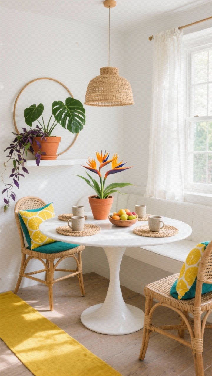 Corner-angle medium shot of a sunlit breakfast nook featuring a white tulip table and cane-back chairs with citrus-hued cushions; bright runner on the floor; bold Bird of Paradise in a terracotta pot as the focal point, Monstera adansonii climbing a hoop nearby, Tradescantia trailing from a window shelf; palette of crisp white, terracotta, lemon, teal; woven placemats, stoneware mugs, fruit bowl centerpiece; natural-fiber pendant overhead; bright natural light with bare or gauzy curtains; photorealistic, no people