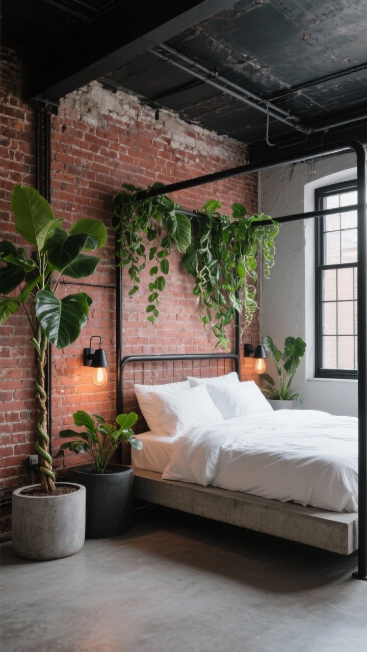 Corner-angle medium shot of an Industrial Loft Canopy Bedroom: exposed brick walls, black metal window frames, platform bed with crisp white bedding; ceiling-mounted rail above the headboard with trailing philodendrons and hoya draping like green curtains; snake plants in concrete planters flanking the bed; a tall rubber tree near the window; matte black bedside sconces with warm bulbs; palette of brick red, charcoal, concrete gray, crisp white, black metal; gritty-meets-cozy ambiance, photorealistic.