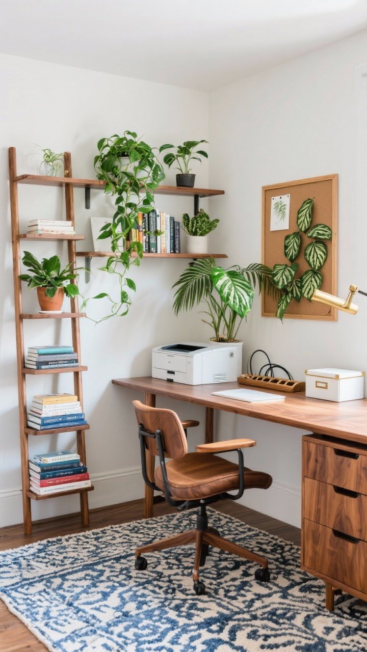 Corner medium shot, creative home office with shelfie-worthy greens: warm walnut desk with ergonomic chair; oak-framed pinboard; patterned rug zoning the area; ladder bookshelf with stacked books used as pedestals for varied plant heights; top shelf trailing Pothos; compact ZZ Plant on the desktop; Chinese Evergreen with variegated leaves beside a printer cabinet; optional Parlor Palm if floor space allows; cord tray and lidded boxes for clean lines; palette of walnut, soft white, inky blue accents, brushed brass; bright, even daytime light for focused-but-friendly energy, photorealistic.