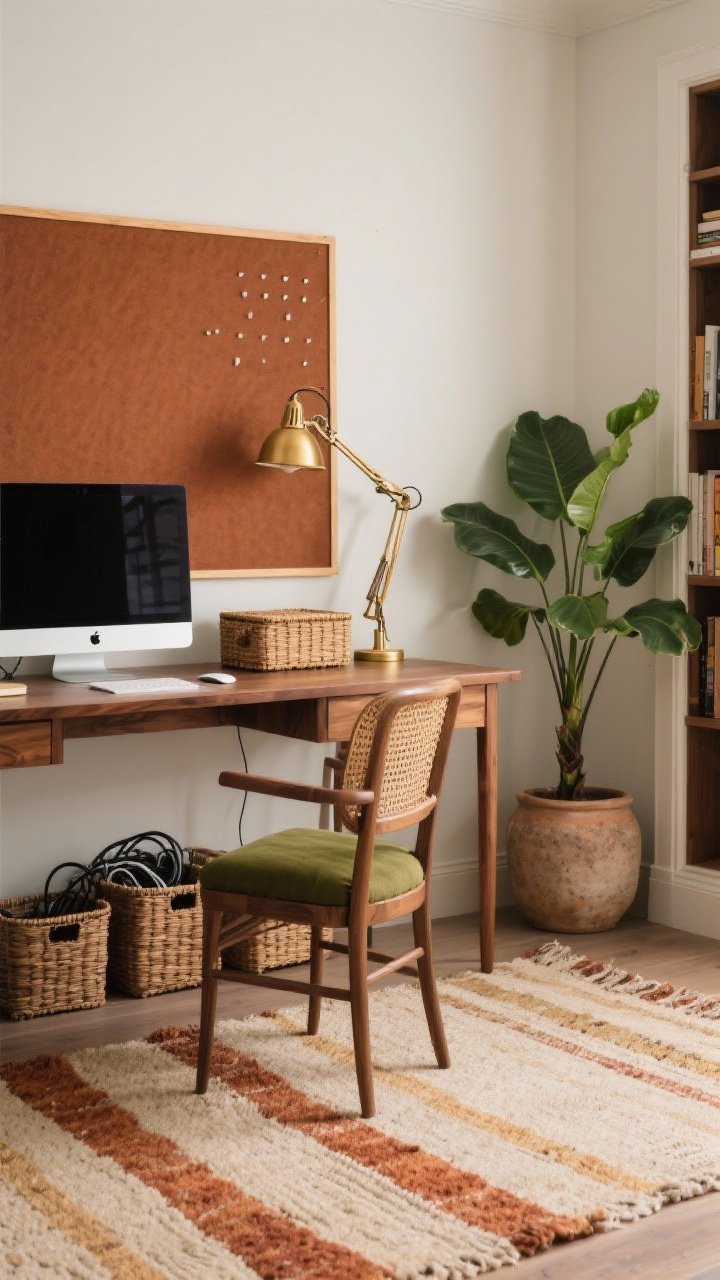 Corner medium shot of a home office: walnut writing desk with a cane-back chair featuring a moss-colored cushion. A rust linen pinboard mounted behind the monitor sets a cozy tone. Brass swing-arm sconce over the desk creates golden task lighting. Lidded woven baskets for cable storage under the desk, a slender bookcase to the side. Rubber plant in a textured clay pot adds greenery. Hand-loomed rug in sand and spice stripes underfoot. Autumnal productivity, photorealistic.