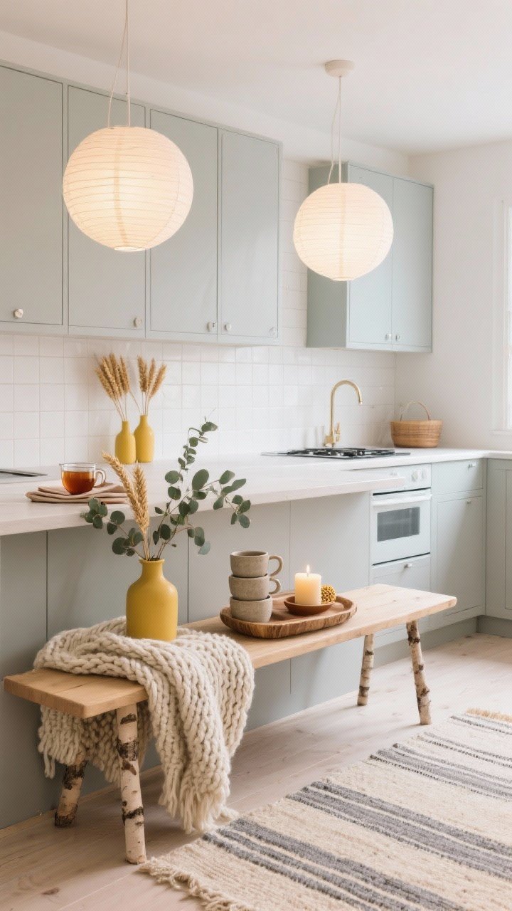 Cozy Nordic hygge medium shot: Scandi-light kitchen with bleached wood, pale gray cabinets, white tile; paper lantern pendants casting a diffused glow; a bench draped with a chunky knit throw; birch tray with tea, a beeswax candle, and stacked stoneware mugs; eucalyptus and dried wheat in simple vases; subtle butter-yellow and muted rust accents in napkins and a striped runner; flat-weave rug in oatmeal and gray; airy, calm mood.