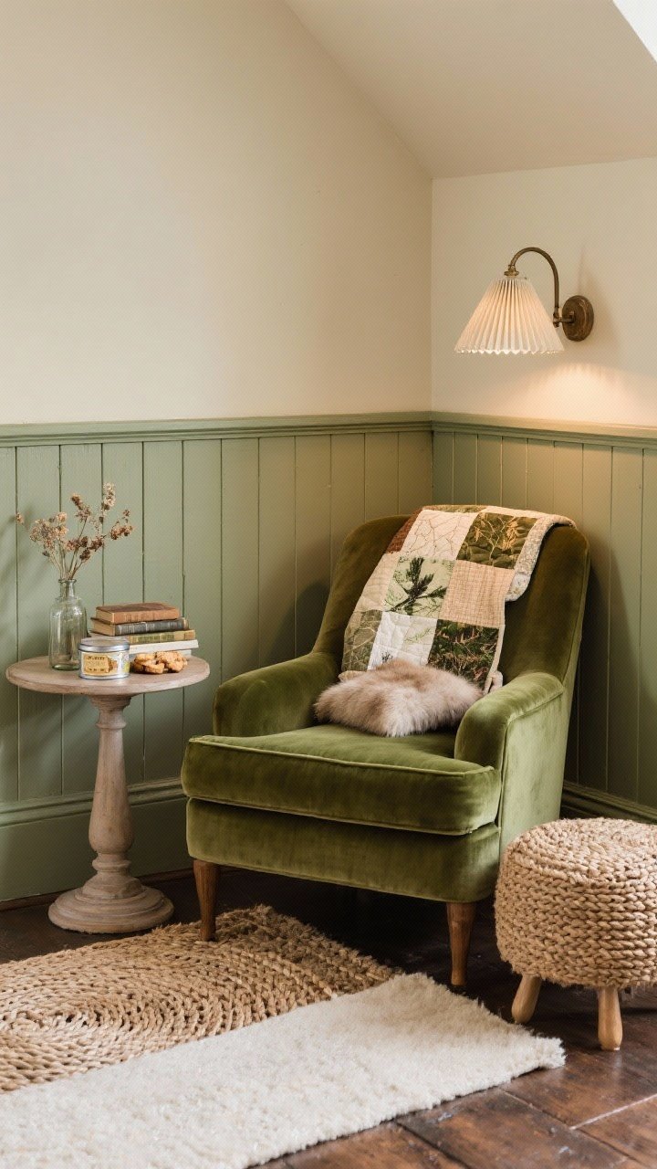 Cozy reading alcove, medium close shot from side: A moss velvet slipper chair with a patchwork quilt draped over the back, paired with a round pedestal side table and a petite woven ottoman for feet-up lounging. Walls feature painted beadboard up to chair-rail height in muted sage, with creamy upper walls and ceiling. A swing-arm sconce with a pleated shade provides warm, focused light. Layered rugs: braided jute with a soft wool runner on top. Accents include a small stack of nature journals, dried posies in a bottle, a tin of shortbread, and a faux fur pillow for tactile coziness.