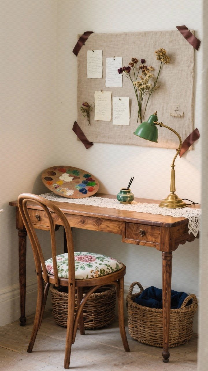 Detail/closeup, 3/4 angle: An antique-whimsy writing desk nook featuring a slender warm walnut desk and a bentwood chair with a floral seat cushion. Above, a pinboard wrapped in linen with ribbon corners displays tucked notes and dried blooms. A green-shaded banker’s lamp glows warmly on a small lace runner. Nearby are a ceramic inkwell and brass pen cup. Palette reads walnut, sage, ivory, with a hint of inky navy; woven baskets under the desk peek into frame. Focus on textures: wood grain, linen weave, ribbon, and ceramic glaze.