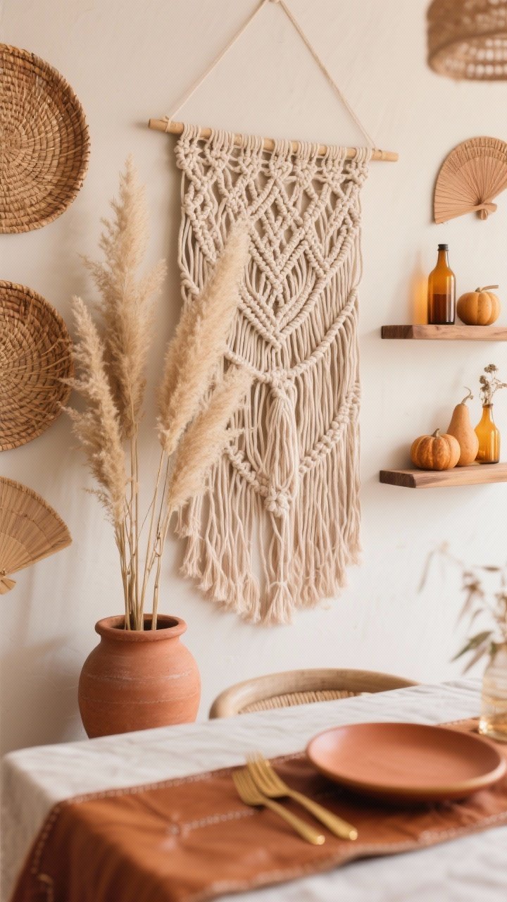 Detail closeup: A boho harvest wall vignette featuring a central macramé wall tapestry with rich texture, flanked by tall pampas grass plumes in clay urns. Nearby, woven rattan fans and floating wood shelves display small gourds and amber glass bottles catching warm light. In the foreground, a hint of a caramel leather table runner, terra-cotta plate edge, and gold flatware out of focus. Palette: sand, rust, caramel, soft blush. Soft, tactile lighting emphasizing fibers and natural materials.