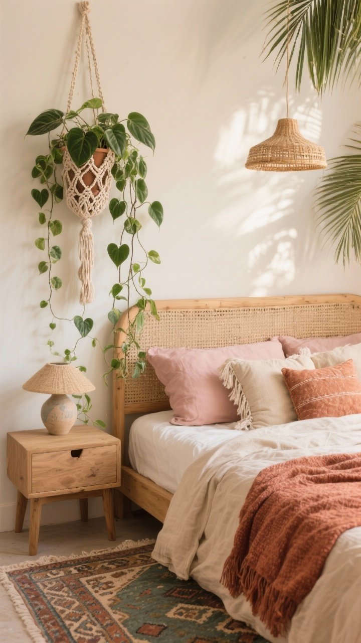 Detail closeup, Boho-Chic Bedroom With Cascading Vines: creamy wall and natural wood bed frame edge; linen bedding in sand and blush with a textured rust/terracotta throw; macramé plant holder above the nightstand with cascading heartleaf philodendron and string of hearts framed against soft light; a hint of a large kentia palm casting a gentle shadow in the background; woven headboard texture, fringed pillows, Moroccan-style rug pattern at the edge; rattan pendant and ceramic lamp bokeh; palette cream, sand, blush, terracotta, sage; romantic, floaty atmosphere captured from a bedside angle.