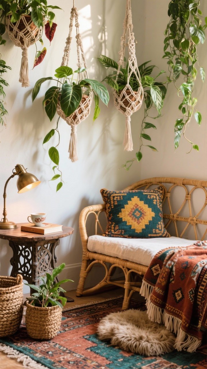 Detail/closeup, Boho Reading Nook With Hanging Jungle: a sunlit corner showcasing textures and plants; rattan lounge chair edge with a kilim pillow pattern visible, shaggy footrest partially in frame; vintage rug in muted jewel tones beneath; carved side table with a teacup and a novel; overhead macramé planters with trailing philodendron and devil’s ivy cascading into the shot; cast iron plant on the floor for depth; woven baskets, fringe throws, embroidered cushion detail; bronze pharmacy lamp providing focused warm light; palette of rust, deep teal, mustard, natural rattan; photorealistic, intimate detail perspective.