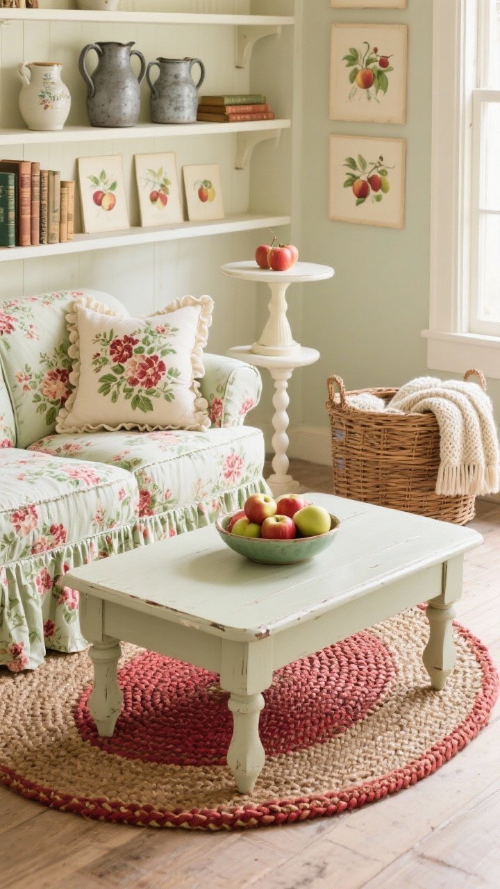 Detail closeup, coffee table vignette: A painted farmhouse coffee table on a braided oval rug. In frame: a floral slipcover loveseat edge, ruffled pillows, and a spindle-leg side table nearby. A wicker basket brimming with knit throws sits beside the table. On shelving in soft focus: ironstone pitchers, vintage books, and small watercolor fruit prints. A pedestal bowl of fresh apples centers the composition, conveying the apple orchard theme. Palette of buttercream, sage, cranberry red, and natural wicker; gentle daylight, photorealistic.