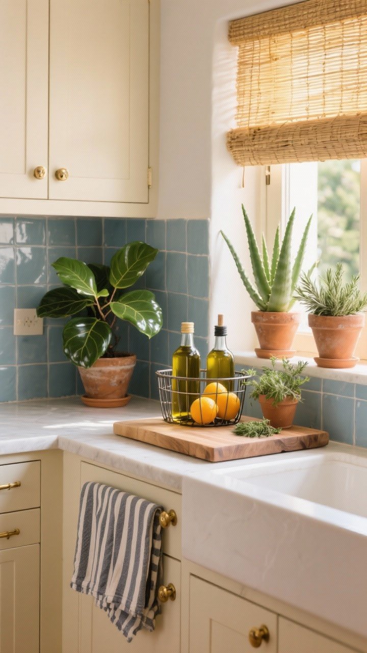 Detail closeup, countertop and window sill: A Mediterranean kitchen vignette with cream cabinets, brass hardware, and a dusty blue tiled backsplash; butcher block counter with olive oil bottles and citrus in a wire basket beside striped tea towels; sunlit sill lined with Aloe Vera, Rosemary, and Thyme in terra-cotta pots, with a glossy-leaf Rubber Plant near the door; woven blind filtering golden light, fresh villa mood, photorealistic.