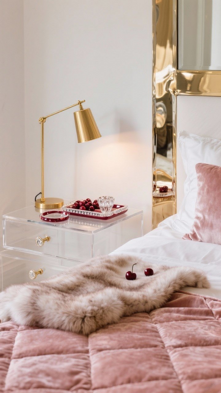 Detail closeup, glam textures: blush velvet quilt over white sateen sheets with a cherry faux-fur throw draped luxuriously; reflective brass mirror edge and gold clip-on lamp catching highlights; acrylic side table (lucite) showing cherry-edged coasters and a glossy cherry tray with crystal-look drawer pulls nearby; palette cherry, blush, white, gold; soft, glowy lighting emphasizing sheen and pile.