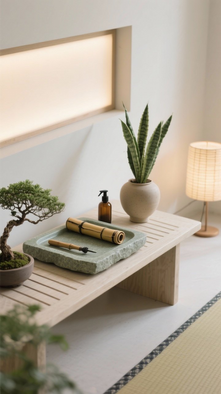 Detail closeup: Minimal zen grow studio vignette with a muted palette of warm whites, soft greige, and muted sage. Smooth stone trays neatly corral a bamboo tool roll and misting bottle atop a low slatted bench. Bonsai, sansevieria, and a ZZ plant sit in refined clay and porcelain vessels with simple forms; the edge of a tatami-style mat peeks into frame. Soft, diffused LED panel light with a gentle glow from a nearby floor rice lamp creates calm shadows. Photorealistic, tranquil, overhead-leaning angle focusing on textures and balance.