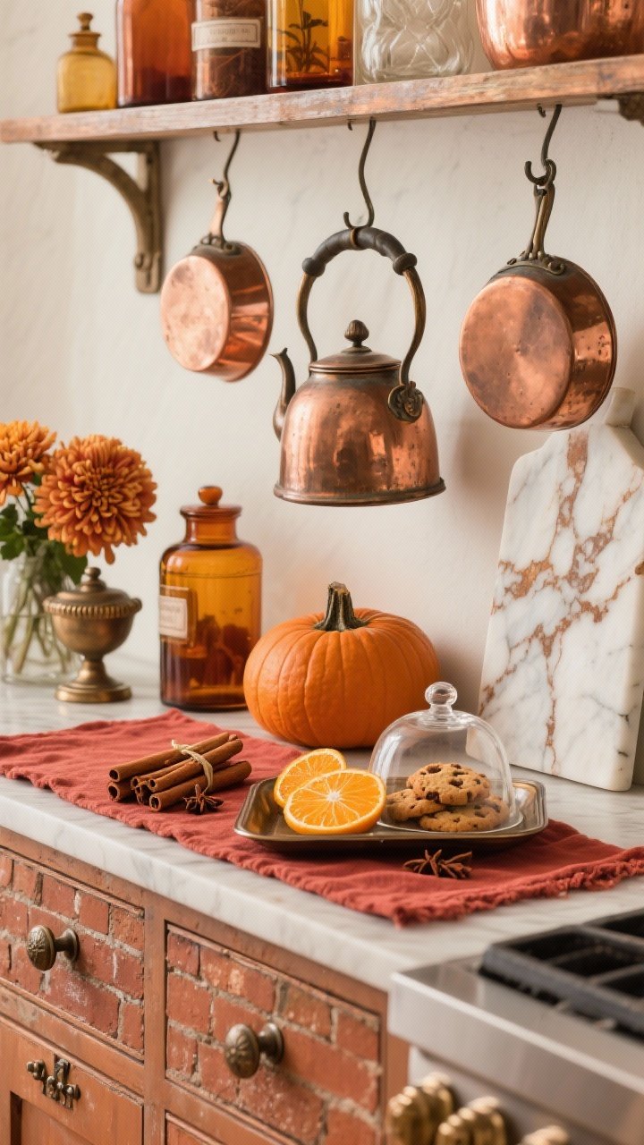Detail closeup of a copper-and-clove vignette on a kitchen counter: vintage copper pots hanging on a rail, a copper kettle, amber apothecary jars; color story of terracotta, pumpkin, and clove; a tray with a cinnamon stick bundle, dried orange slices, and a small cloche of cookies; brick-red linen runner; aged copper cabinet knobs and a cool marble pastry slab; rust mums and bronze chrysanthemums nearby; warm, burnished glow.