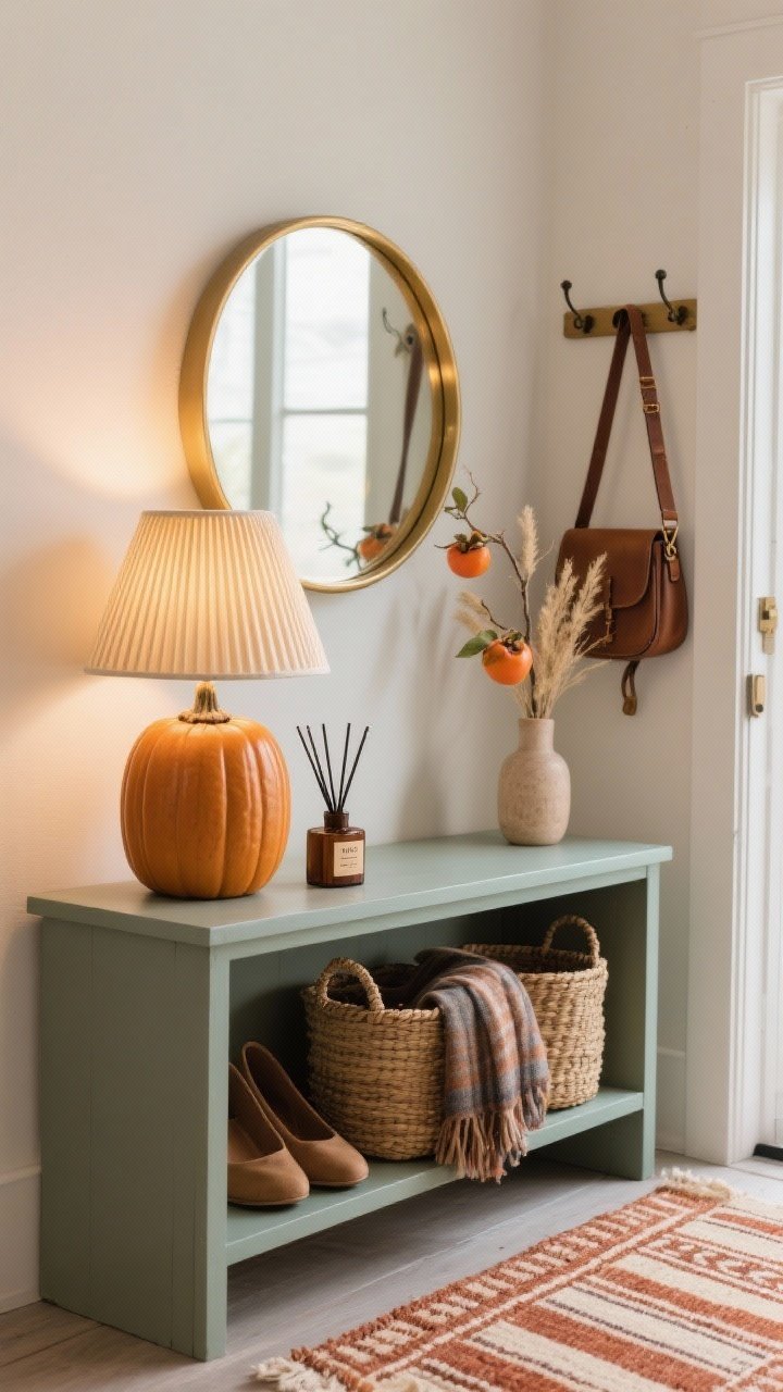 Detail closeup of a micro-entry vignette: narrow console painted muted pumpkin topped with a ribbed ceramic lamp glowing warmly, round brass mirror above reflecting light. Beneath the console, woven baskets for shoes and scarves; to the side, a leather strap wall rack with hooks for bags. On the console, a cedar diffuser with a hint-of-clove label, a small vase with dried grasses and a single persimmon branch. Partial view of a kilim runner with rust and cream stripes. Soft, cozy, photorealistic.