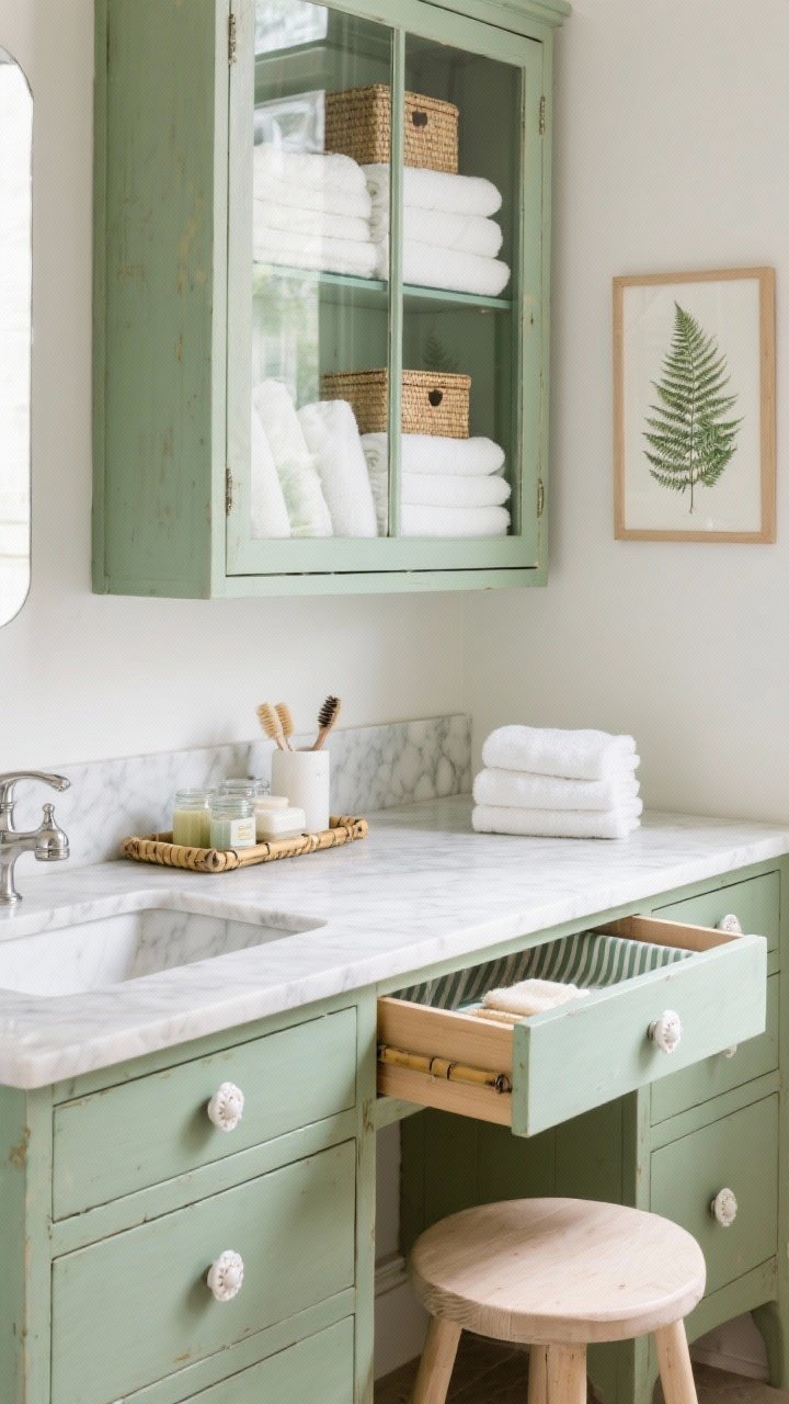 Detail closeup of a vintage dresser converted into a vanity: porcelain knobs, marble top, drawers lined with ticking and organized with bamboo dividers holding soaps, jars, and brushes; above, a glass-front cabinet with neatly folded white towels and woven lidded boxes; a botanical fern print on the wall, small stack of hand towels on a pale wood stool; soft green, white, pale wood, polished nickel finishes; fresh, soothing, spa-like lighting.
