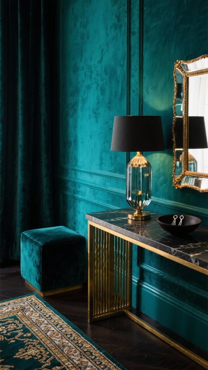 Detail closeup of moody jewel-tone luxe: deep teal satin-painted wall backdrop, edge of a brass-framed console with a dark marble top, a smoked glass lamp glowing softly; beveled-edge antique mirror reflecting glam highlights; velvet storage cube corner, Persian-style runner pattern in frame; a small bowl with black keys popping against rich jewel tones; boutique hotel drama lighting.