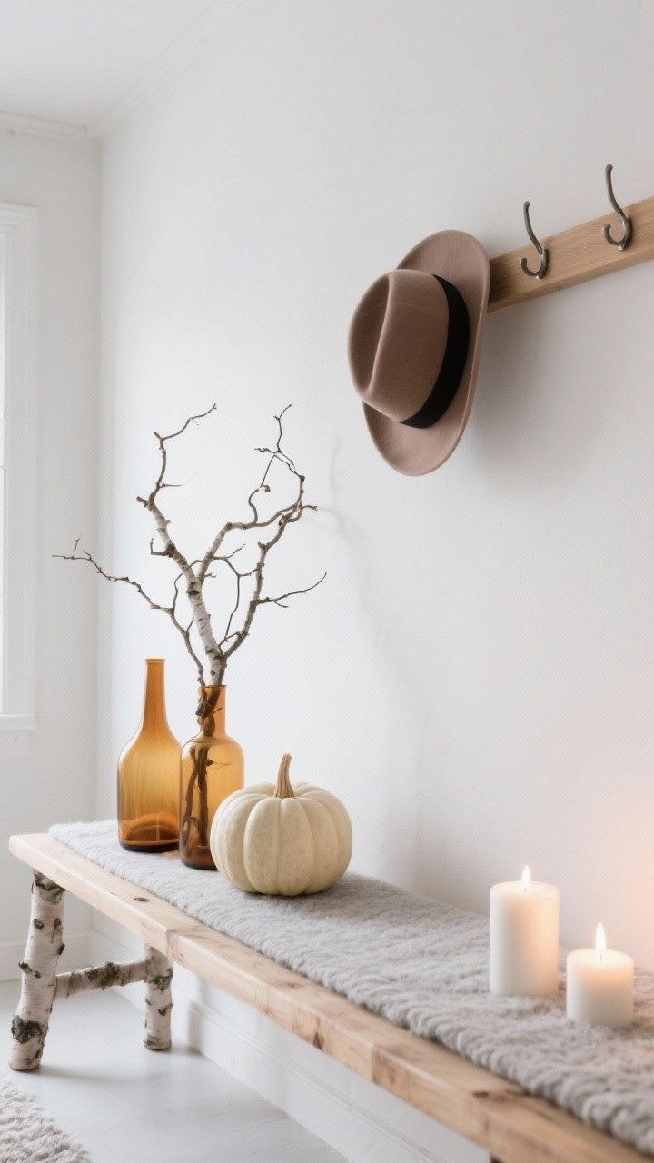 Detail closeup of Scandinavian textures: white wall backdrop with a birch wood bench edge and light gray wool runner beneath; a low maple shelf with minimal hooks holding a simple hat; styled with amber glass vases, a curly birch branch, and a single cream ceramic pumpkin; soft warm white LED candles create a gentle hygge glow; bright, clean, photorealistic.