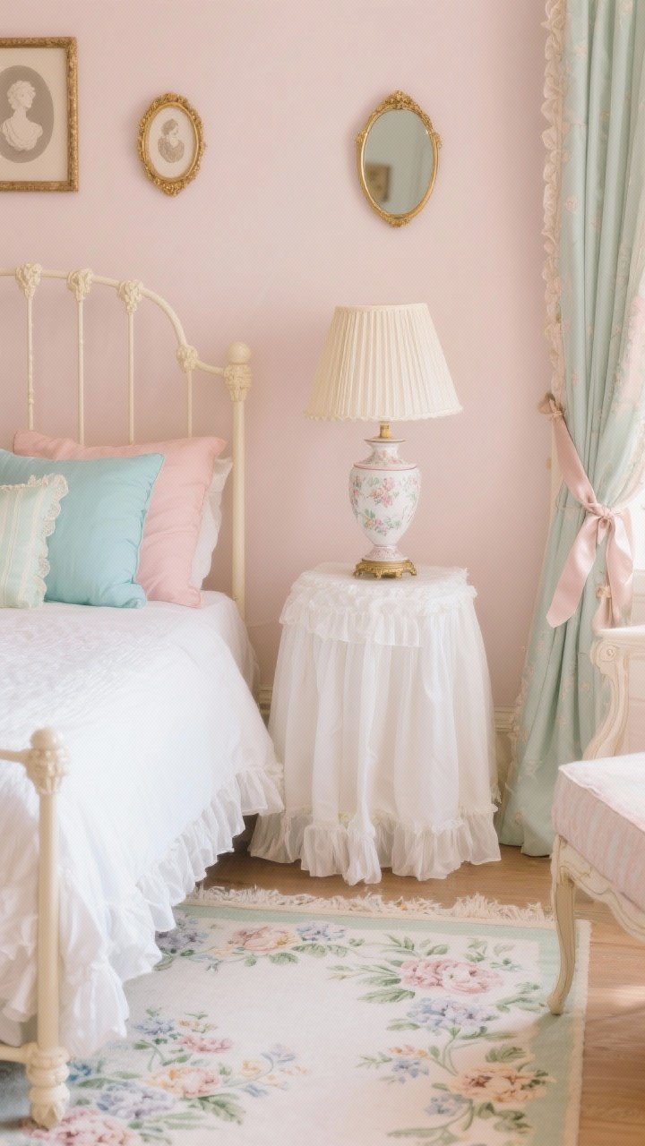 Detail closeup, Pastel Tea Room vignette: cream-painted bed rail with ruffled white bedding spilling over, pastel pillows in mint, powder blue, and dusty rose; porcelain lamp with a pleated shade on a skirted nightstand; silk ribbons tied on curtain tiebacks visible at the edge; floral area rug pattern beneath; delicate vanity corner in soft focus with an oval mirror; tiny gold frames and cameo silhouettes on pale blush wall. Photorealistic, sweet vintage charm, soft, flattering ambient light.