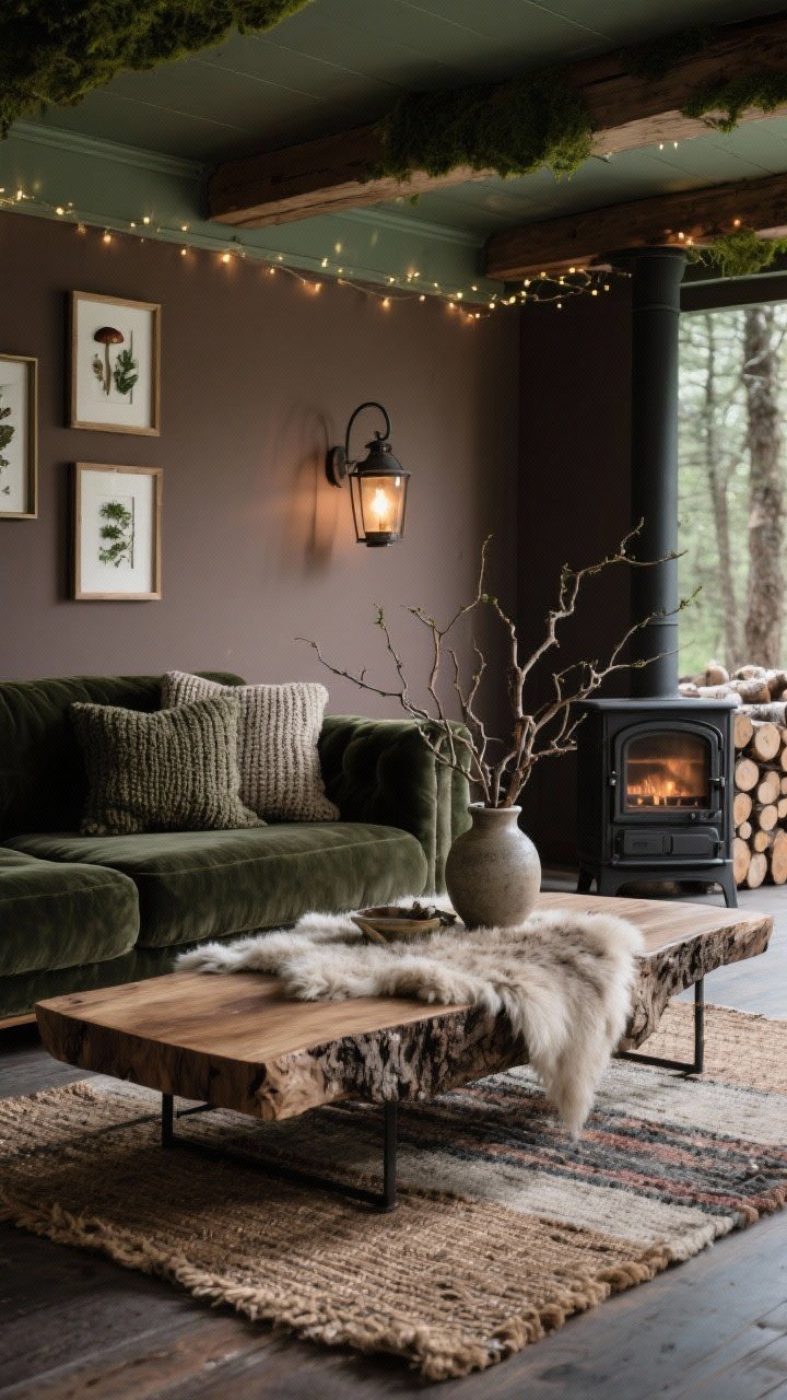 Detail closeup, photorealistic: A live-edge coffee table over layered rugs—a jute base with a plush sheepskin on top—beside the corner of a deep forest velvet sofa with nubby knit pillows, foraged branches arranged in a stoneware pitcher, botanical specimens framed in shadow boxes on mushroom taupe walls with a moss gray-green ceiling edge peeking in, iron lantern sconce glowing warmly while soft fairy lights tuck along a ceiling beam, a charcoal cast-iron stove and a neat stack of birch logs blurred in the background, moody woodland ambiance, no people.