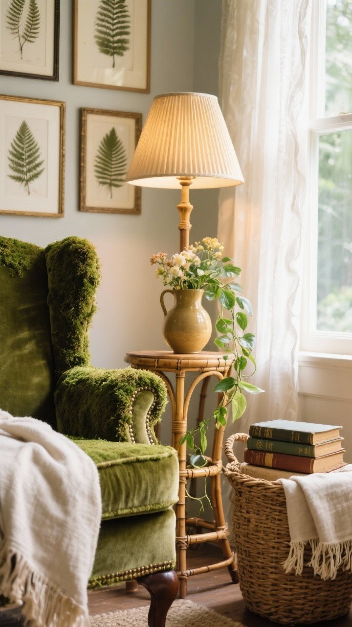Detail/closeup reading nook vignette with natural sunlight: mossy velvet wingback chair edge and armrest texture in focus beside a petite bamboo side table holding a bloom-filled pitcher used as a vase; rattan plant stand with a trailing pothos cascading; sheer fluttery curtains glowing at a sunlit window; botanical gallery of pressed ferns in mismatched frames on the wall in soft blur; pleated lampshade on a turned-wood base casting a golden glow; woven basket of blankets and a stack of hardbound classics with frayed ribbon bookmarks; palette moss, oat linen, antique gold, soft ivory; textures velvet, rattan, linen, glossy leaves; photorealistic, intimate, no people.