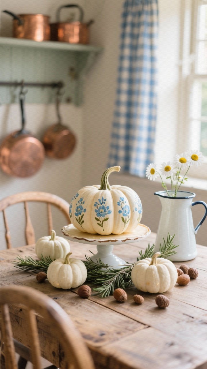 Detail closeup, straight-on: Cottage kitchen table vignette with a scrubbed pine tabletop and Windsor chair backs softly blurred. On a cake stand, hand-painted pumpkins with delicate blue floral motifs. Surround with mini white pumpkins, fresh rosemary sprigs, and scattered acorns. In background bokeh, copper pots on hooks and a blue-and-cream gingham curtain, plus an enamelware pitcher with daisies. Warm, cozy daylight, nostalgic and welcoming, photorealistic, no people.