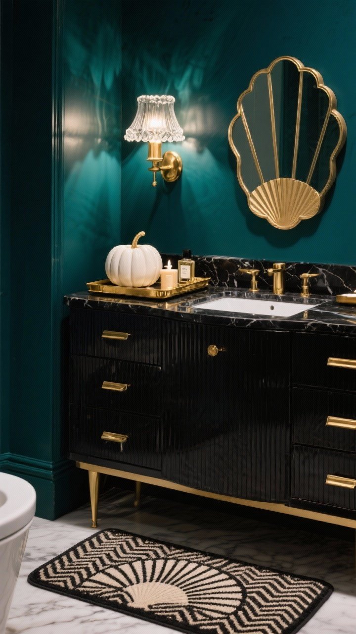 Detail closeup, straight-on: Glam Art Deco vignette featuring a black vanity with brushed gold hardware, a deco fan-shaped mirror, and a scalloped glass sconce casting a warm glow on rich midnight teal walls. A marble-and-brass tray holds perfume and candles, and a chic matte white ceramic pumpkin sits beside it. A patterned bath mat with subtle fan/chevron motifs peeks at the bottom edge. Palette: merlot or midnight teal, black, brushed gold. Luxurious, photorealistic, no people.