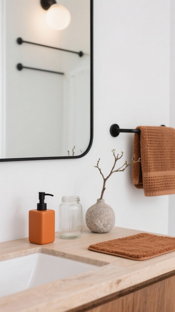 Detail closeup, straight-on: Minimalist arrangement on a pale wood vanity against white walls, featuring a persimmon-colored soap dispenser, frosted glass jars, and a single branch in a small stone bud vase. In the background, a black-rimmed simple mirror and slimline matte black hooks with cinnamon-colored waffle towels; a low-profile rust bath mat barely visible at the bottom edge. Color palette: white, pale oak, rust, cinnamon, matte black. Clean surfaces, warm white bulbs, photorealistic, no people.