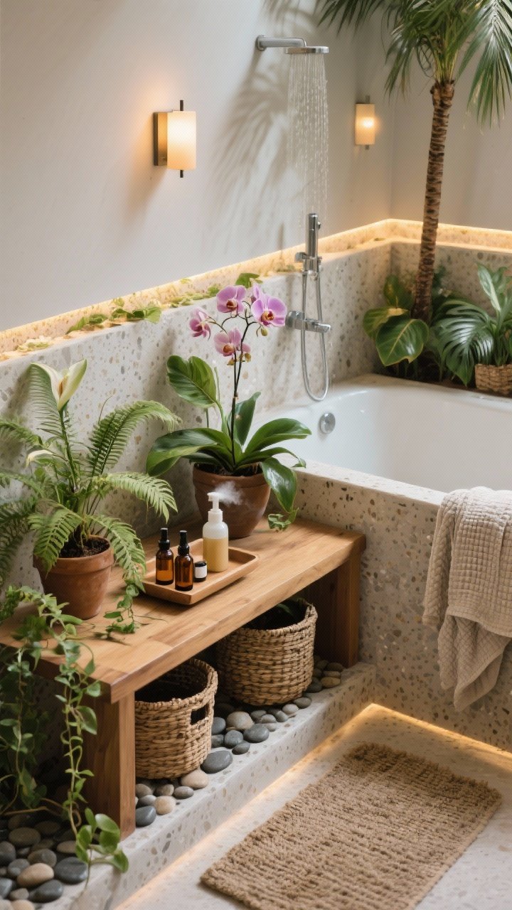 Detail closeup: Tropical spa retreat bathroom textures around the tub—soft stone or terrazzo ledge with a teak shower bench holding trailing plants, woven baskets with extra pots, and a tray of essential oils and a misting bottle. Humidity-loving plants cluster nearby: bird’s nest ferns, peace lilies, philodendrons, orchids, and a tall palm just out of frame casting frond shadows. Dimmable sconces provide warm ambient light; waterproof grow-safe strip lights are tucked along the shower wall for subtle highlights. Stone pebble bathmat and a folded linen waffle robe are visible at the edge. Photorealistic, intimate spa mood, slight overhead angle.