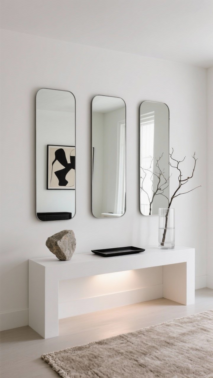 Detail, gallery-style composition: three slim mirrors mounted as a triptych above a white plinth console on gallery-white walls. Reflected opposite: a single bold abstract artwork. On the console: a stone sculpture, a black tray, and a single branch in an oversized glass cylinder. A neutral wool runner lines the floor; a recessed spotlight creates quiet drama. Color palette: white, stone, black, soft taupe. Minimal, architectural mood.