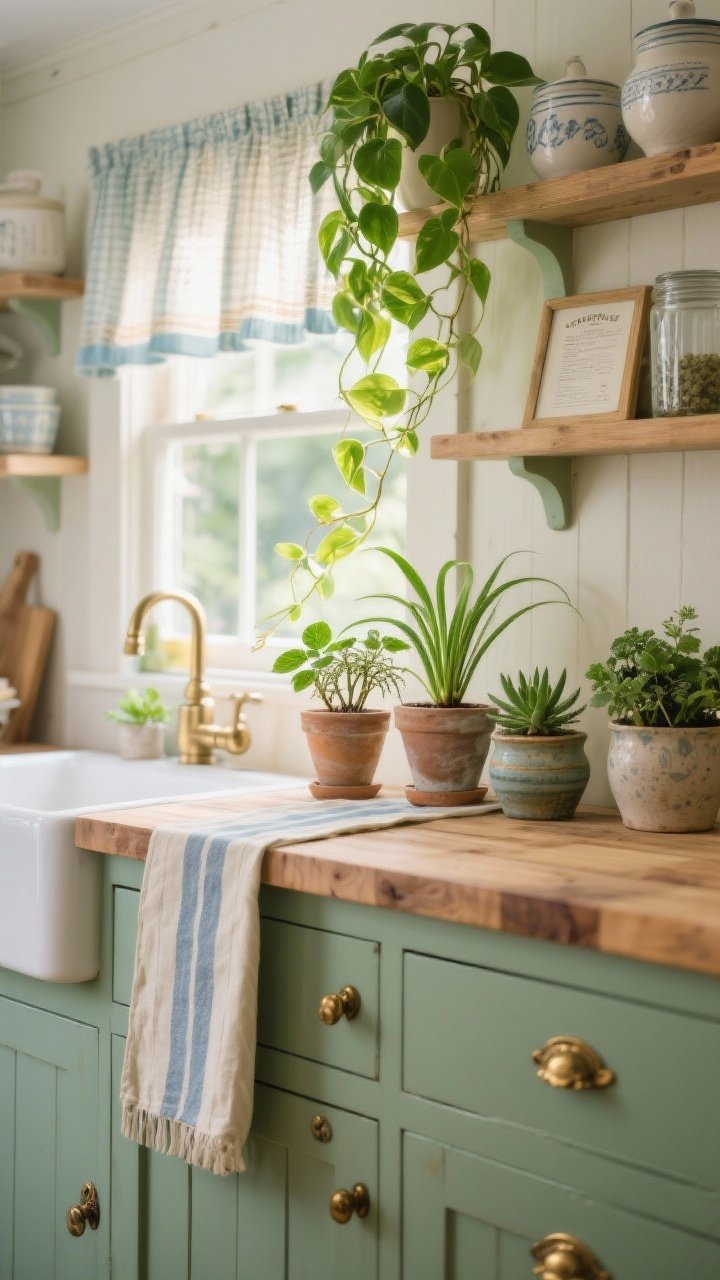 Detail/medium closeup in a soft cottage kitchen: painted sage cabinets with vintage-style brass pulls; butcher-block countertop; striped runner glimpsed; café curtains diffusing sunlight; sunny windowsill trio—Pothos, Spider Plant pups in mini pots, and a tiny succulent cluster; mismatched ceramic pots for a collected feel; optional small herbs (mint or basil) if visible in bright spot; trailing Neon Pothos above the sink brightening the scene; open shelves with stoneware, glass canisters, framed recipe card; palette of sage, cream, warm wood, brass, soft blue accents; warm morning light, photorealistic.