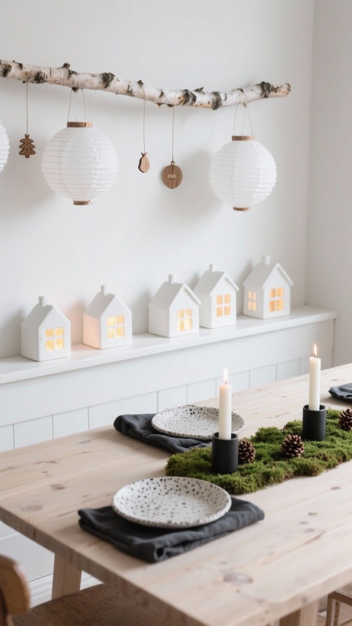 Detail overhead shot: Scandinavian woodland vignette featuring a light birch branch mounted horizontally on a pale wall, with white paper lanterns and tiny wooden ornaments hanging from invisible thread. Below, a narrow ledge holds white ceramic houses with tea lights glowing inside, creating a cozy village effect. On the pale wood table beneath, speckled stoneware, charcoal linen napkins, simple tapered candles in matte black holders, and a runner of moss with mini pinecones. Palette: white, charcoal, pale wood, moss green. Crisp, natural, serene lighting.