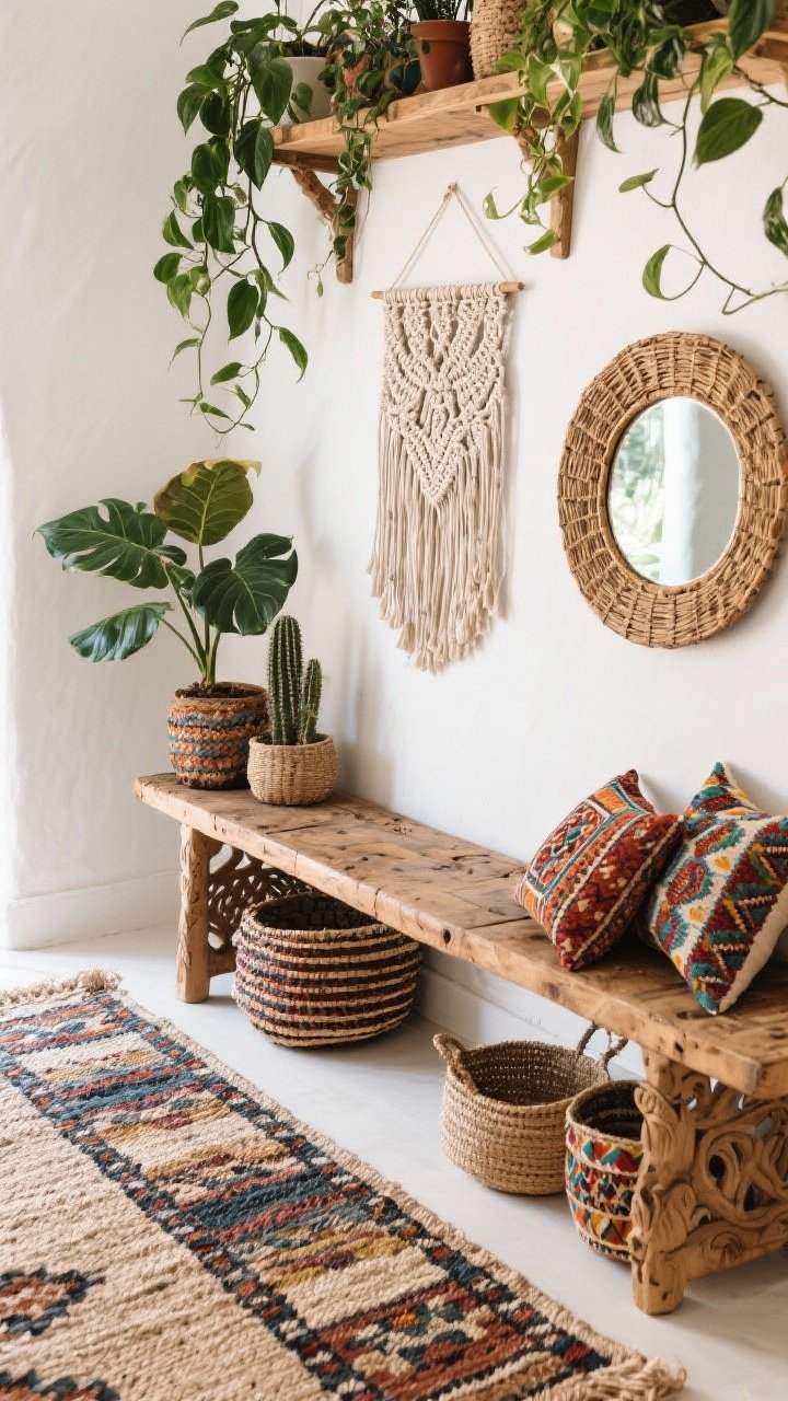 Detail-overhead styling shot for boho layered sanctuary: white wall edge, kilim runner layered over a sisal rug; carved wood console surface with a macramé wall hanging visible above; clustered plants—a trailing pothos, fiddle-leaf fig leaf, and small cactus; rattan mirror edge, woven baskets, colorful patterned pillows on a low bench in the frame; eclectic, travel-inspired textures.