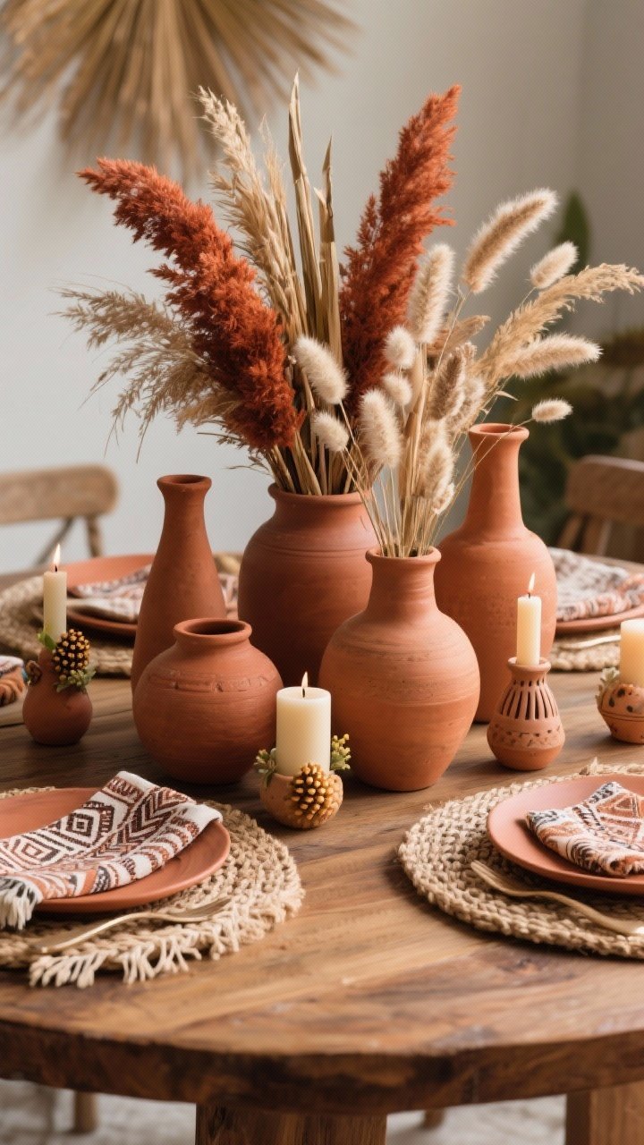 Detail shot, Boho Terra-Cotta Harvest: Close view of a cluster of terra-cotta vases in varying heights on a round mango wood table, filled with rust-colored pampas grass, dried palm spears, and bunny tails. Woven placemats beneath terracotta-toned plates, patterned fringe napkins, small handmade ceramic bud vases, and beeswax tapers in clay hues. Palette of rust, clay, sand, ivory. Warm, earthy afternoon light highlighting textures. Photorealistic.