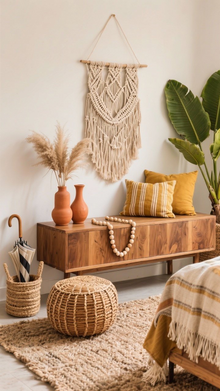 Detail shot emphasizing layered textures: macrame wall hanging above a mango wood console; jute-and-wool rug texture visible; rattan pouf nearby and tall banana leaf basket for umbrellas; surface styled with terracotta vases, a bead garland, and dried pampas; mustard pillows and striped throws peeking into frame; warm, boho, tactile feel.