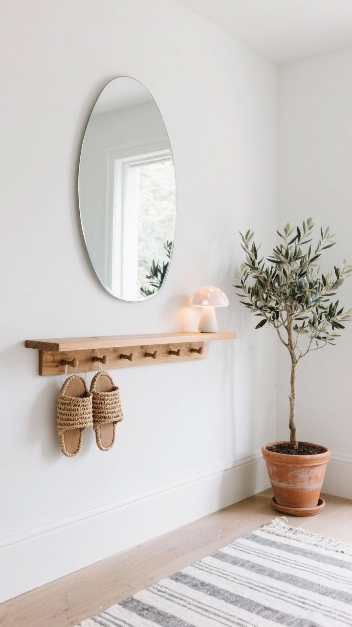 Detail shot focusing on light and simplicity: an oval frameless mirror above a white-oiled oak peg rail and floating shelf on bright white walls and trim. On the peg rail: woven slippers; on the shelf: a small opalescent mushroom lamp glowing softly. Nearby, a potted olive tree in a clay pot and a striped cotton runner on the floor. Color palette: white, pale oak, clay, soft gray. Airy natural light.