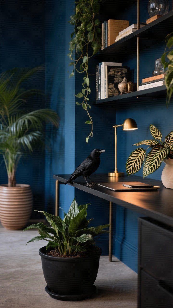 Detail shot, Moody Home Office With Botanical Drama: A close, moody vignette of a slim black writing desk against ink-blue walls, with brass task lighting casting a soft glow. Built-in shelves partially in frame, styled with books and curios. Plants provide contrast: a black raven zz in a matte black planter on the floor, a maranta prayer plant showing patterned leaves on the desktop, and a hoya trailing down a shelf edge. In the background blur, a ribbed ceramic pot with a kentia palm softens the corner. Color palette: ink blue, black, cognac, brass. Low, dramatic lighting with highlights on foliage patterns; side angle.