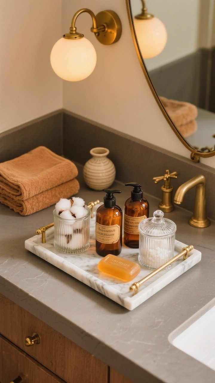 Detail shot, overhead: A marble tray on a warm gray countertop styled with amber glass soap and lotion bottles featuring vintage-look labels, ribbed glass canisters filled with cotton and bath salts, and a small brass faucet visible at the top edge. Nearby, chai-colored folded towels and a ceramic diffuser hint at a golden glow from an adjacent warm globe sconce reflecting softly in a tilted pivot mirror. Palette: amber, ivory, brass, warm gray. Photorealistic, cozy apothecary mood, no people.