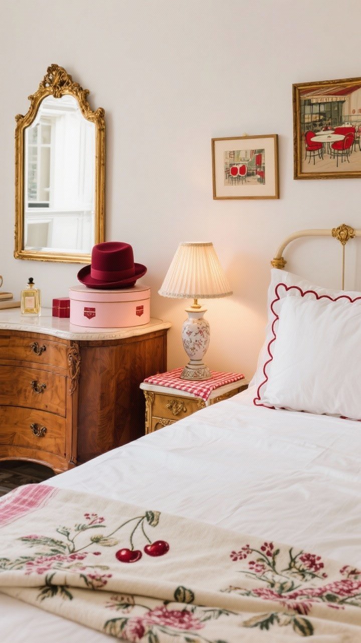 Detail vignette, Parisian apartment vibe: crisp white linen bedding with a cherry toile throw and a scalloped pillow with red piping; gold-framed mirror leaned on dresser reflecting soft light; petite bistro lamp with cherry pleated shade glowing warmly; stacked hat boxes in cherry and blush; small art prints of cafe scenes with red accents; cherry-checked tea towel as a desk runner and a ceramic pedestal holding perfume; antique gold and carved wood hints; elegant, romantic atmosphere.