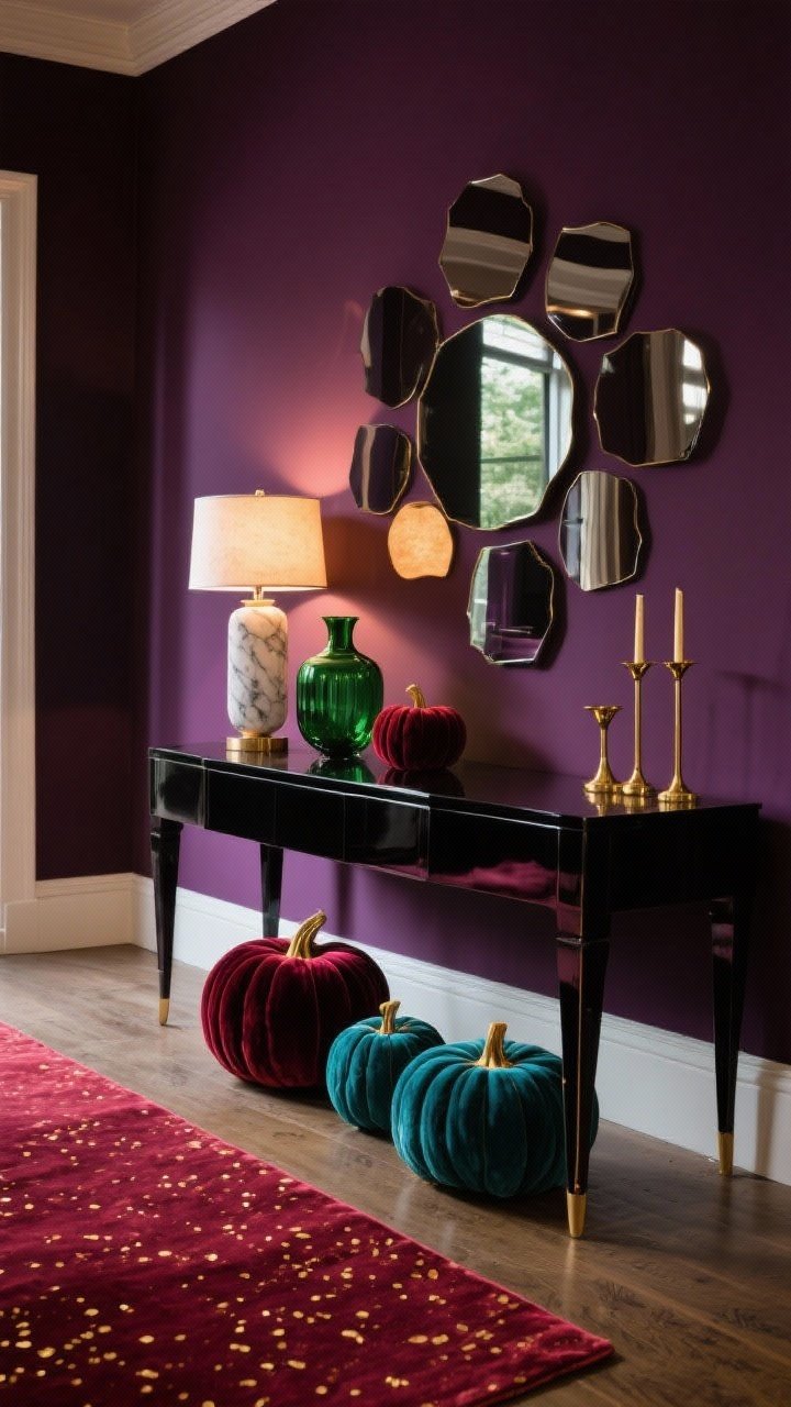 Dramatic medium shot: deep plum wall behind a lacquered console; faux marble lamp glowing warmly; ruby runner with gold flecks on the floor; styled with emerald glass vases, smoked mirrors layered on the wall, and gold taper holders; velvet pumpkins in garnet and teal adding luxe, playful drama; evening lighting, glamorous and rich.