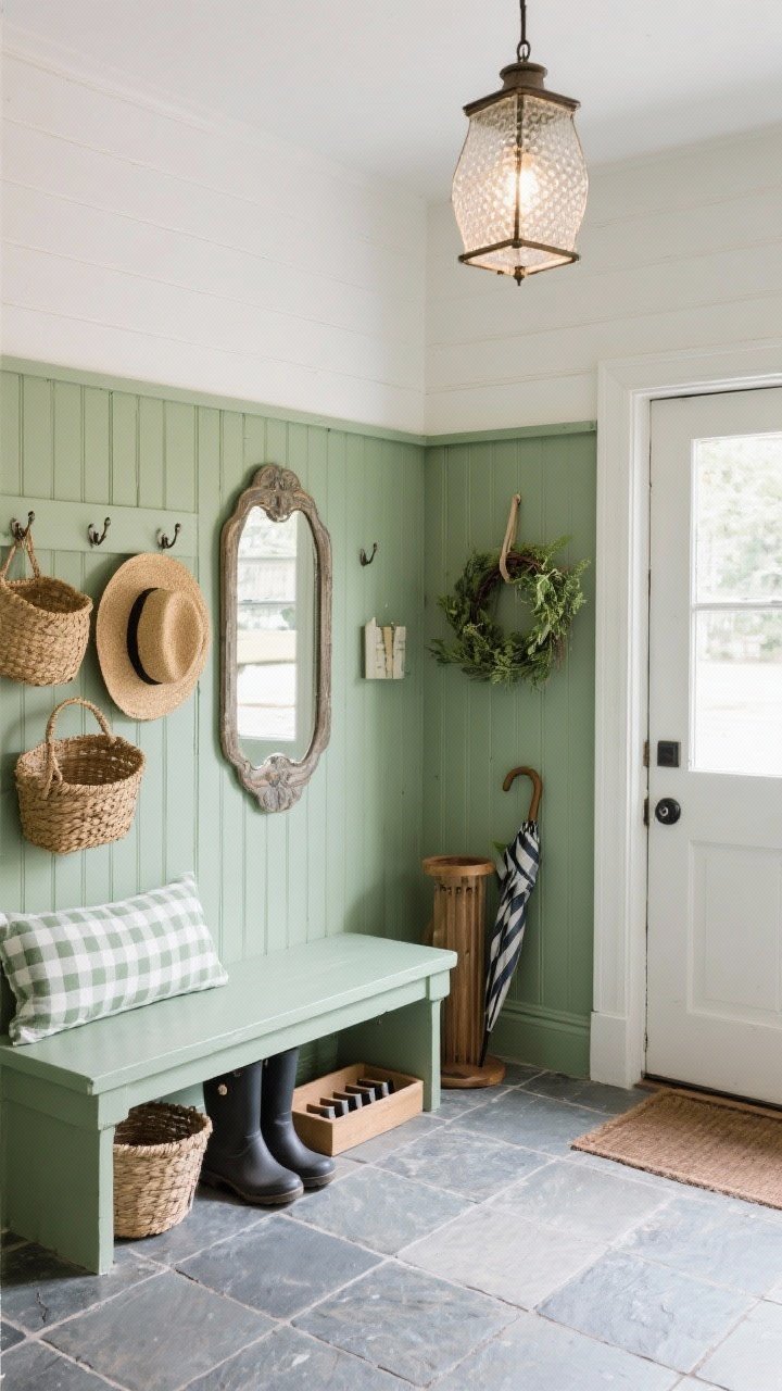 Entryway wide shot from door: Willow-green paneling with cloud-white upper walls and durable slate tile floor; wall of pegs holding straw hats and baskets, painted bench with gingham cushion beneath a vintage mirror that bounces light; boot tray, umbrella stand, hanging herb wreath; seeded-glass lantern ceiling fixture illuminating an airy, welcoming scene.