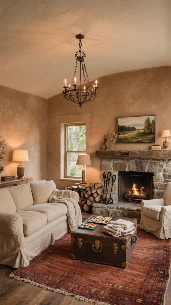 Hearthside gathering room medium-wide: Clay-colored plaster walls, oatmeal upholstery on a deep slipcovered sofa and linen club chairs; rust-toned wool rug anchoring a trunk coffee table set for board games and folded blankets; stone fireplace with rough-hewn mantel, iron fire tools, stacked logs; landscape art leaned casually; layered lighting from a wrought-iron chandelier and tabletop lamps for warm evening glow.